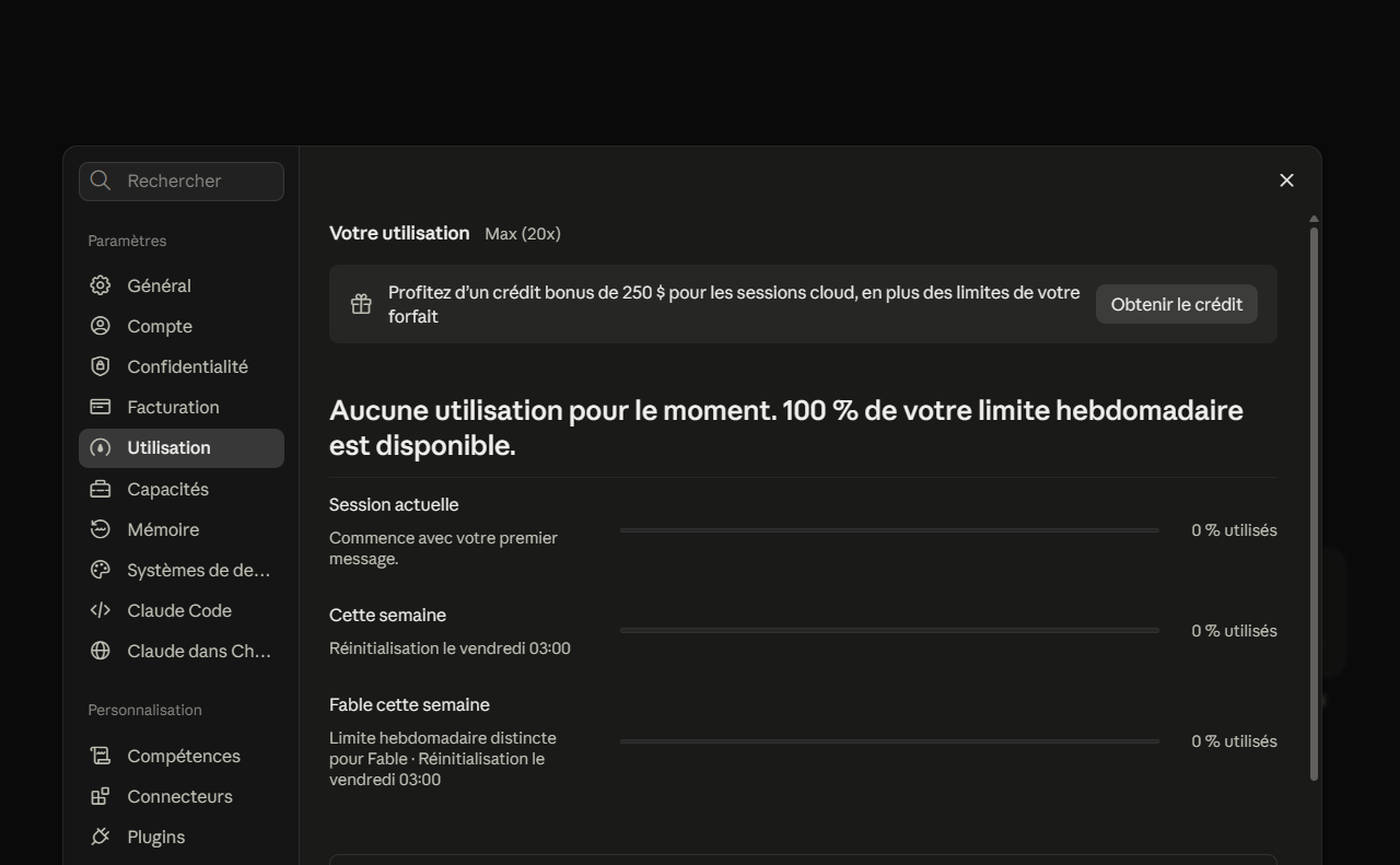Paramètres d’utilisation de Claude sur un compte Max 20x, avec un bandeau proposant 250 dollars pour les sessions cloud et le bouton Obtenir le crédit.