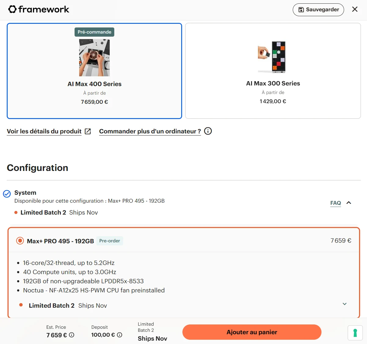 Framework affiche 7 659 € pour 192 Go et un lot prévu en novembre. Capture du configurateur français du 6 octobre 2026.