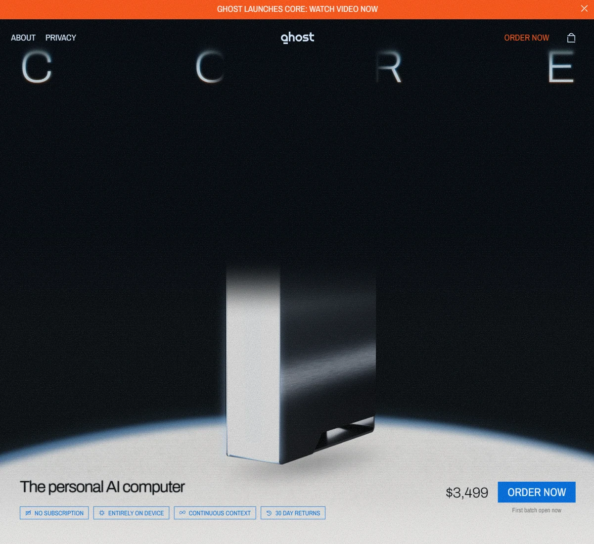 Ghost Core affiche 3 499 $ et l’ouverture du premier lot. Capture du 6 octobre 2026.