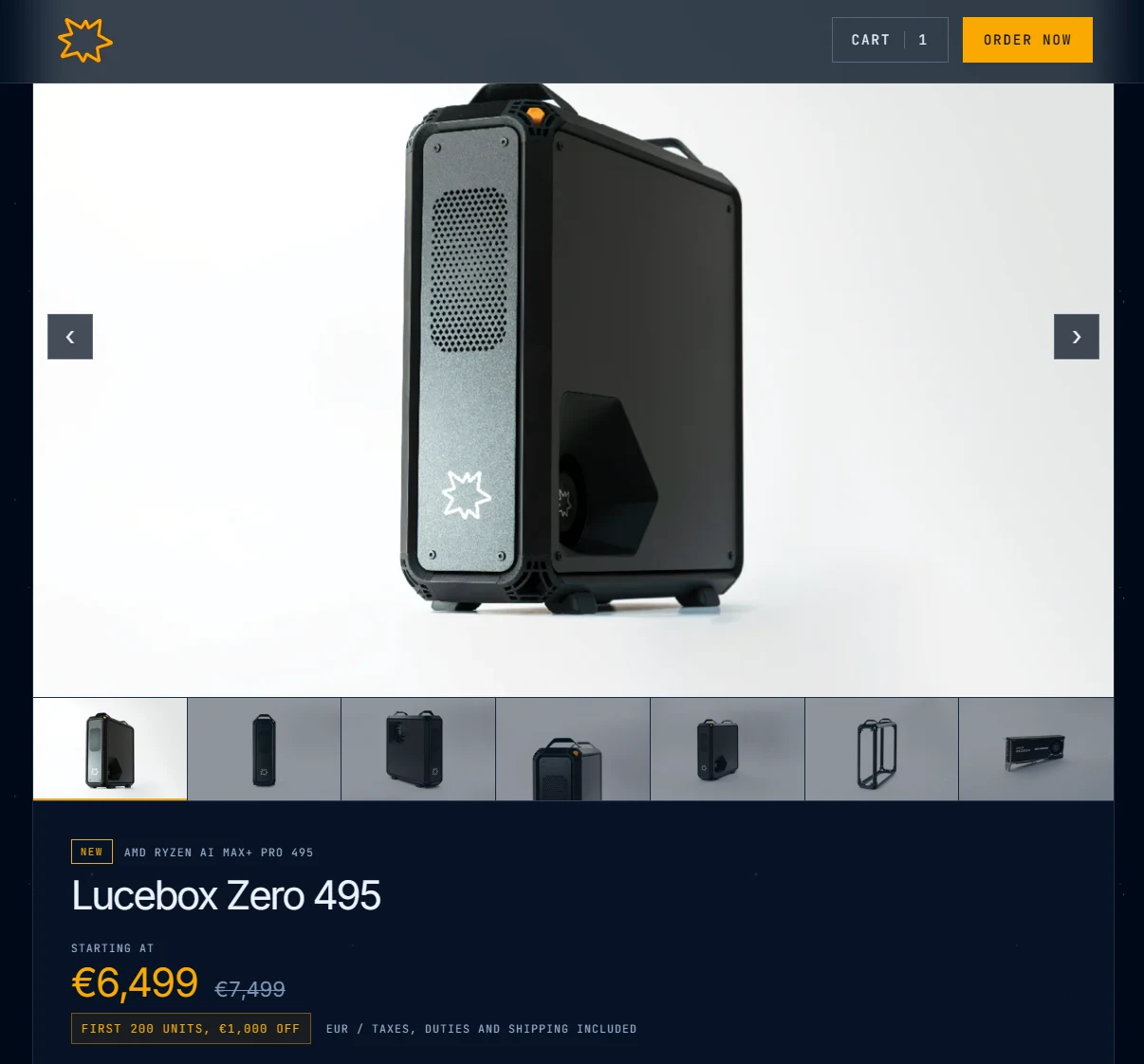 Lucebox affiche un prix de départ de 6 499 € pour les 200 premières unités. Les 192 Go sont une option distincte. Capture du 6 octobre 2026.