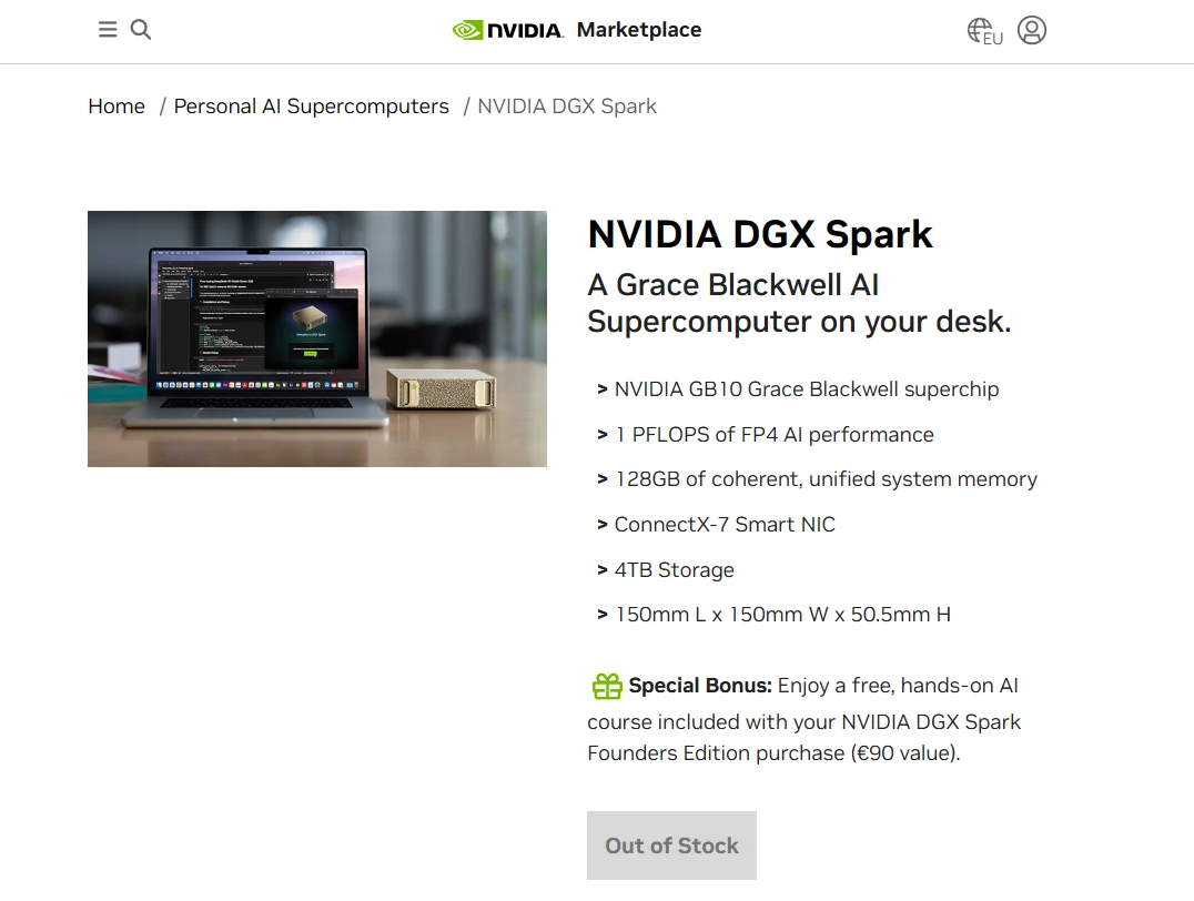 La fiche NVIDIA capturée le 6 octobre 2026 concerne le DGX Spark de 128 Go, indiqué en rupture de stock. Elle ne montre pas le prix du nouveau modèle 64 Go.