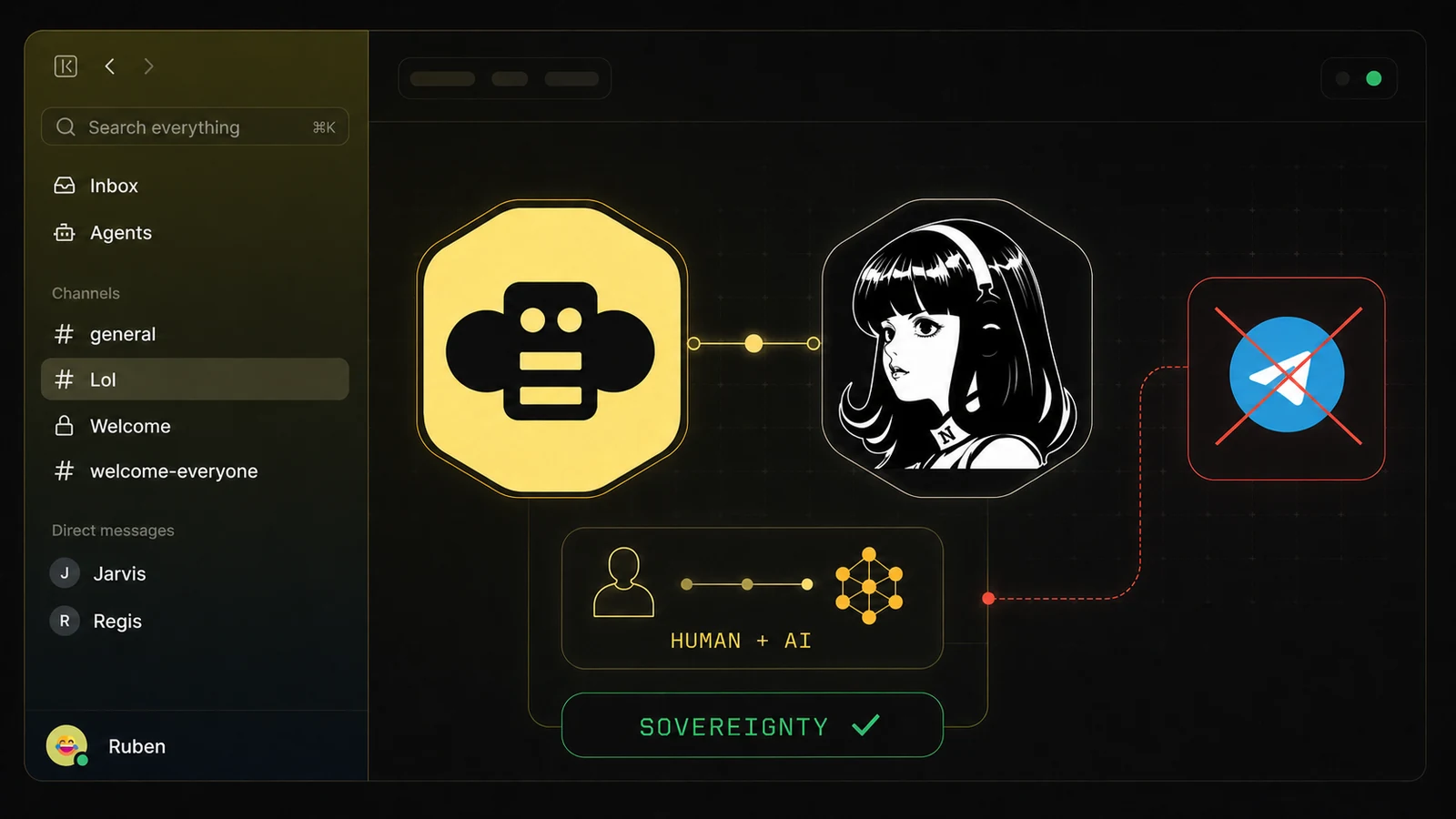 Buzz and Hermes Agent connected inside a private workspace, with Telegram crossed out and Sovereignty approved