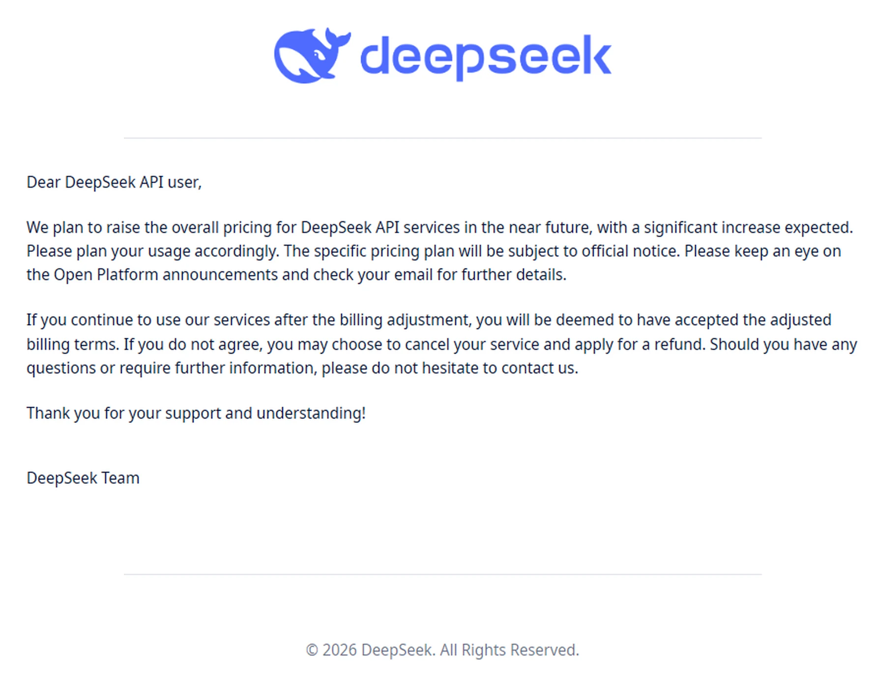 Courriel de l’équipe DeepSeek annonçant aux utilisateurs de l’API une hausse significative des tarifs à venir, sans grille ni date, et précisant que poursuivre l’usage vaudra acceptation