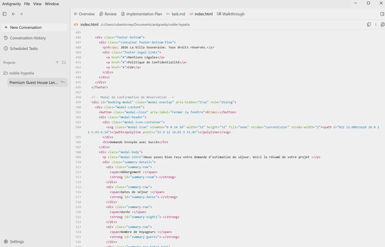 Vue code dans Antigravity 2.0 après génération de la landing page