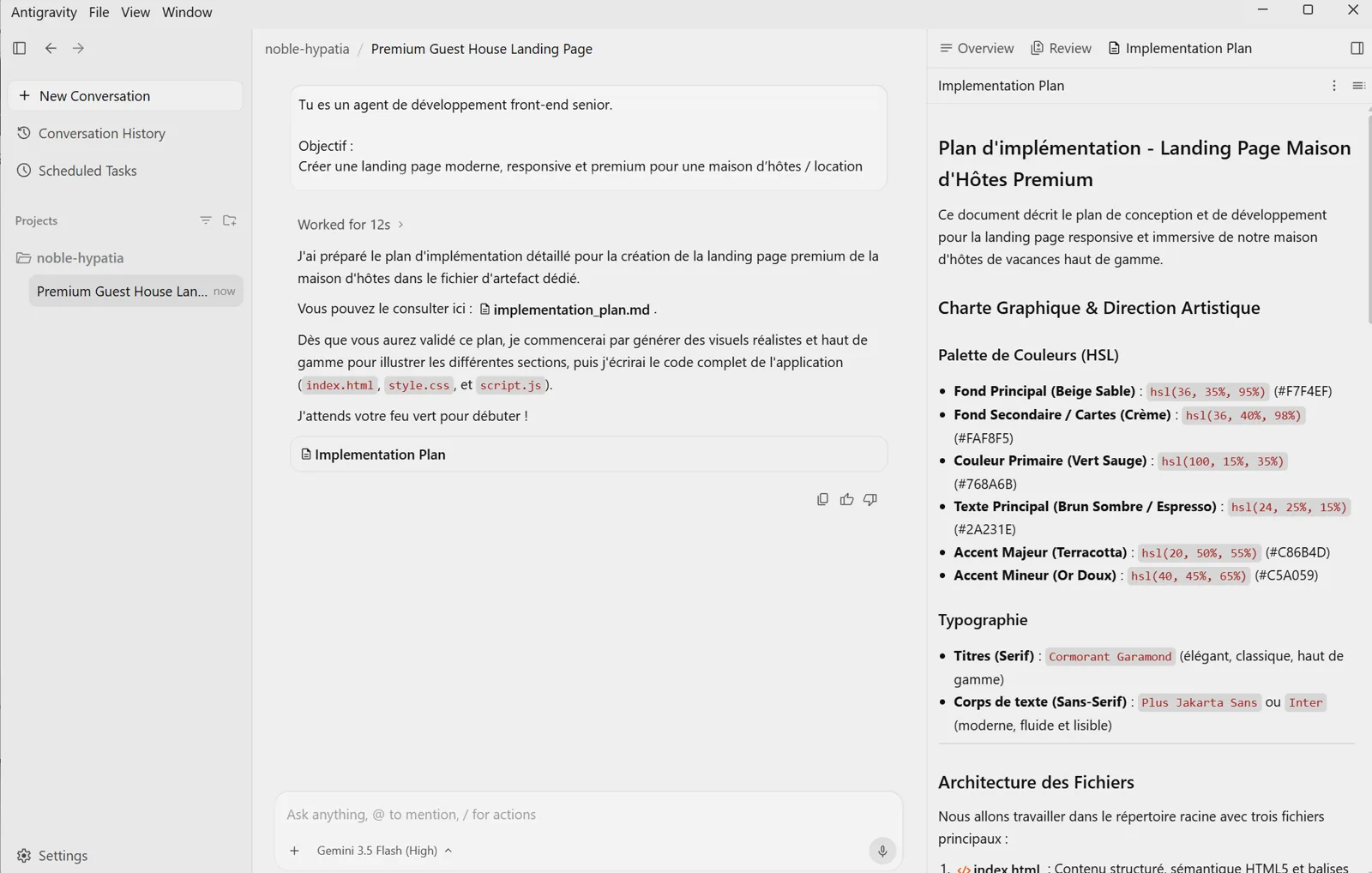 Plan d'implémentation généré par Antigravity pour la landing page maison d'hôtes