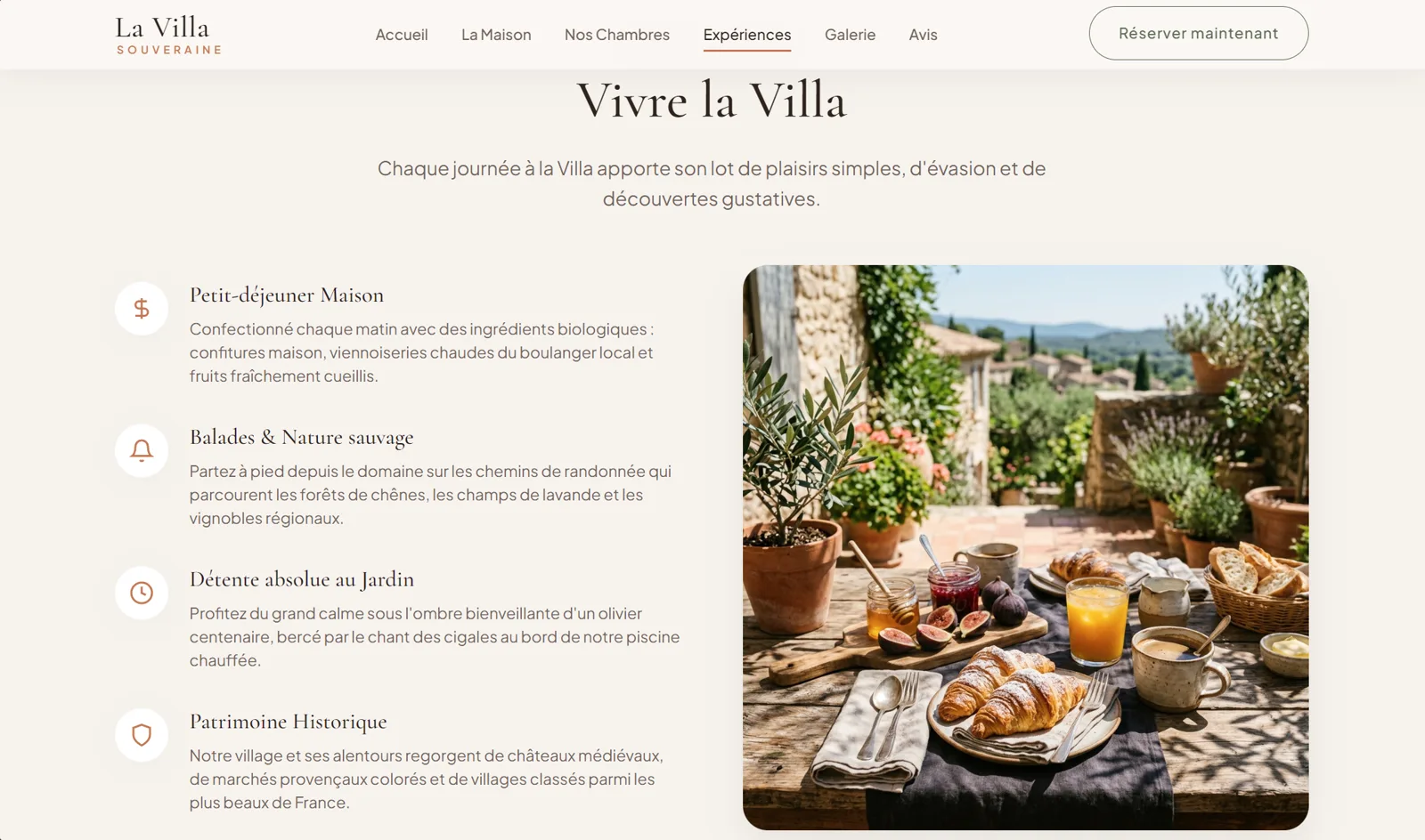 Section expériences avec petit-déjeuner et activités