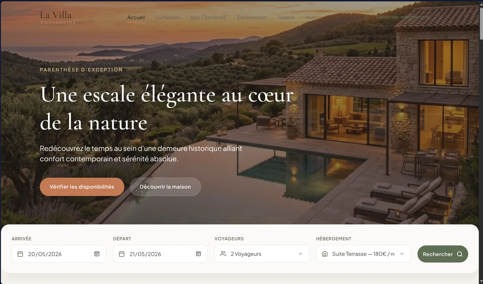 Hero de la landing page avec module de réservation