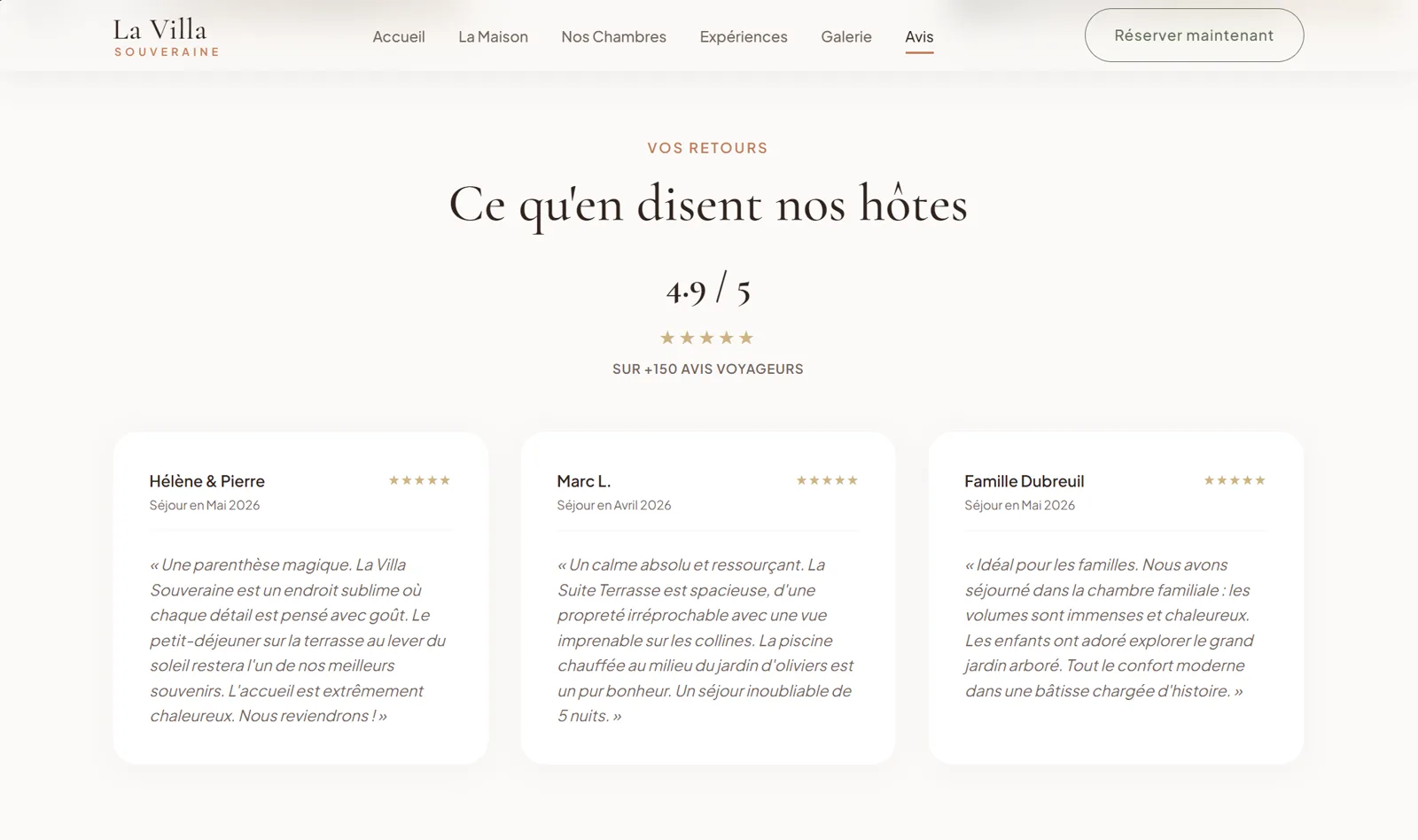 Section avis clients de la landing page