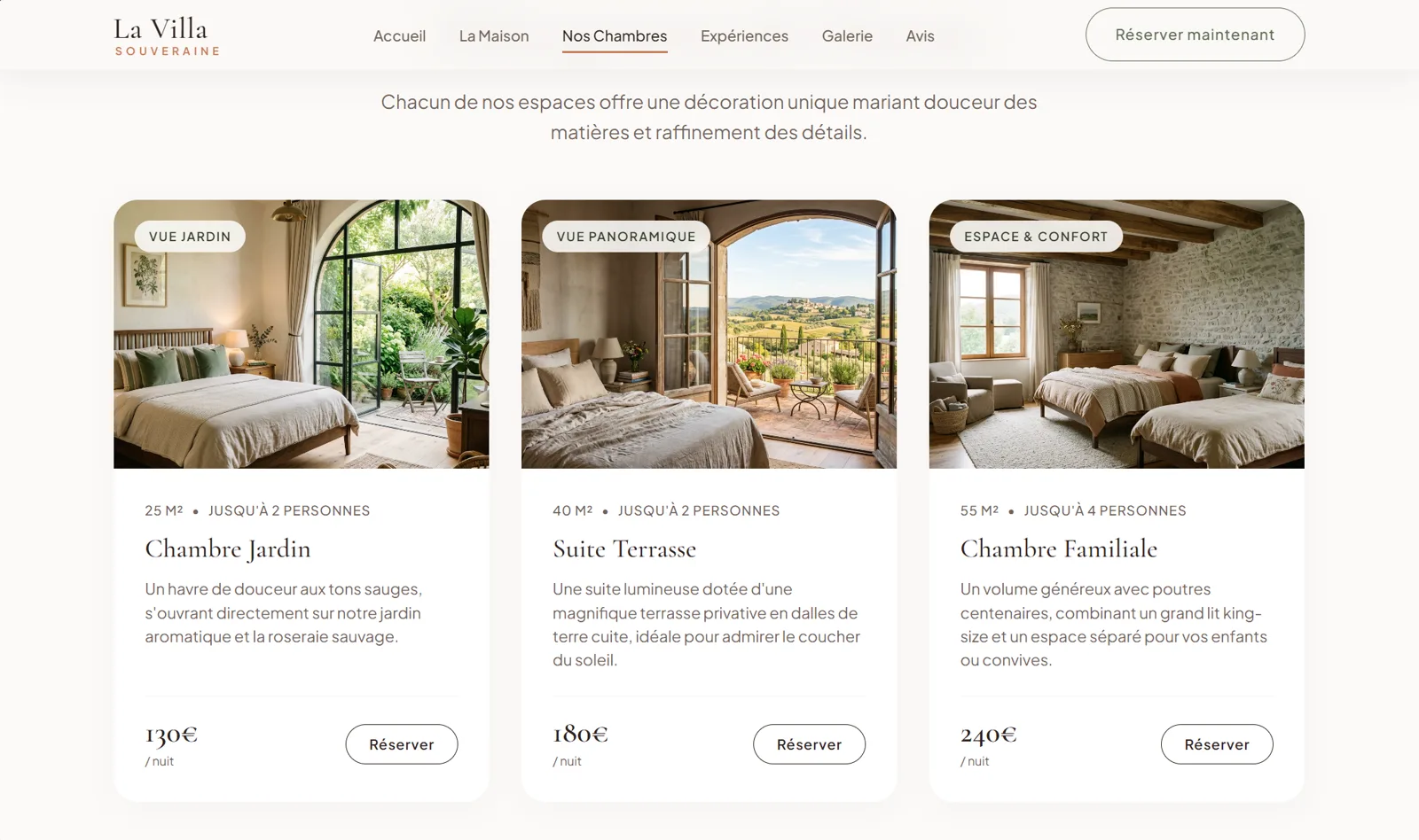 Cartes chambres de la landing page