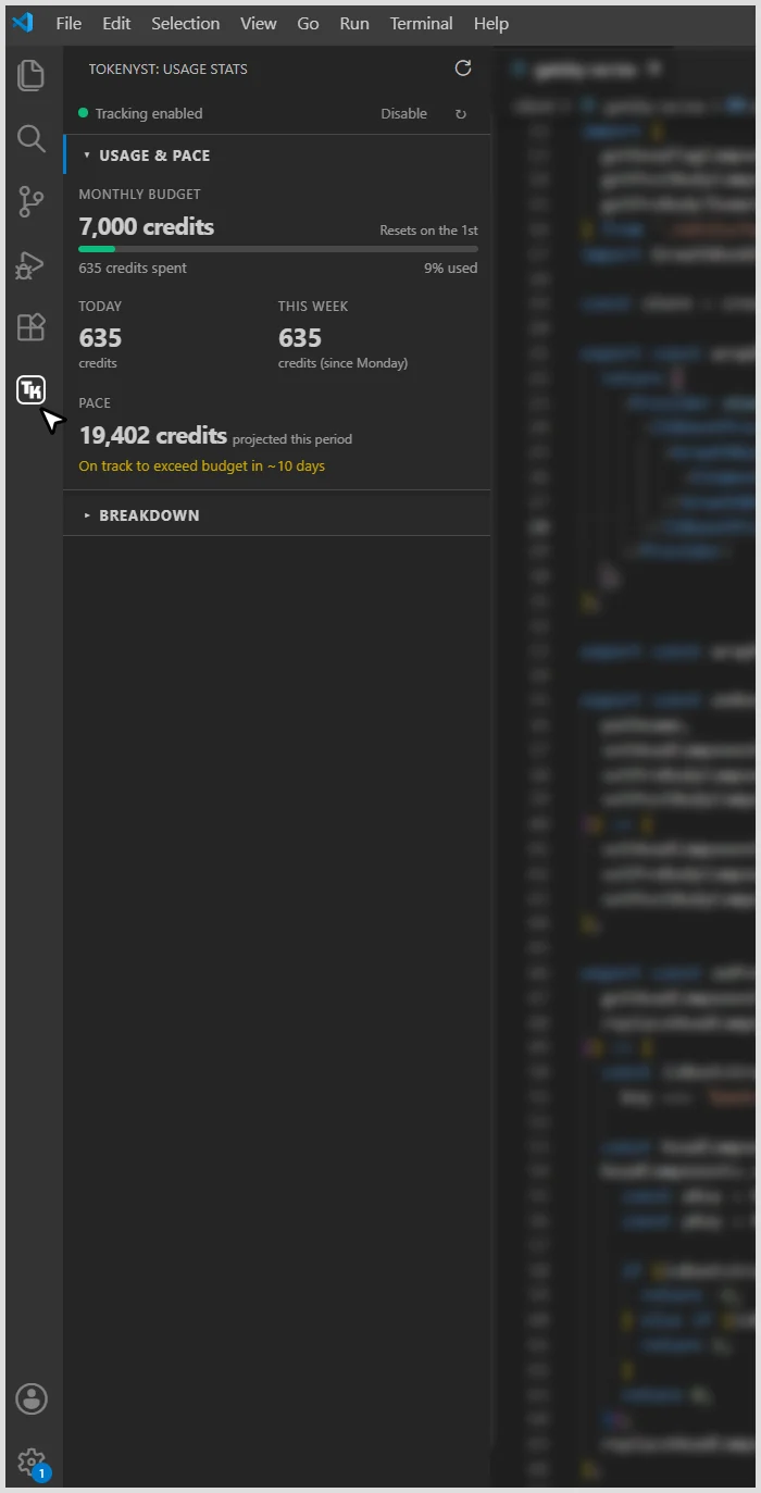 Capture de l'extension Tokenyst dans VS Code affichant les crédits Copilot consommés, la consommation quotidienne, les modèles utilisés et les repos concernés