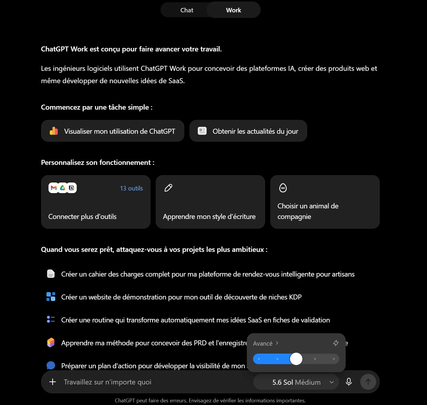 Interface ChatGPT Work avec le sélecteur GPT-5.6 Sol Medium et le réglage avancé