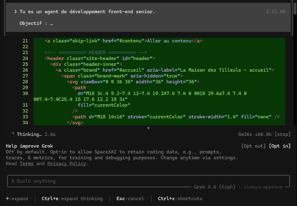 Grok Build exécutant le prompt avec Grok 4.6 en mode High