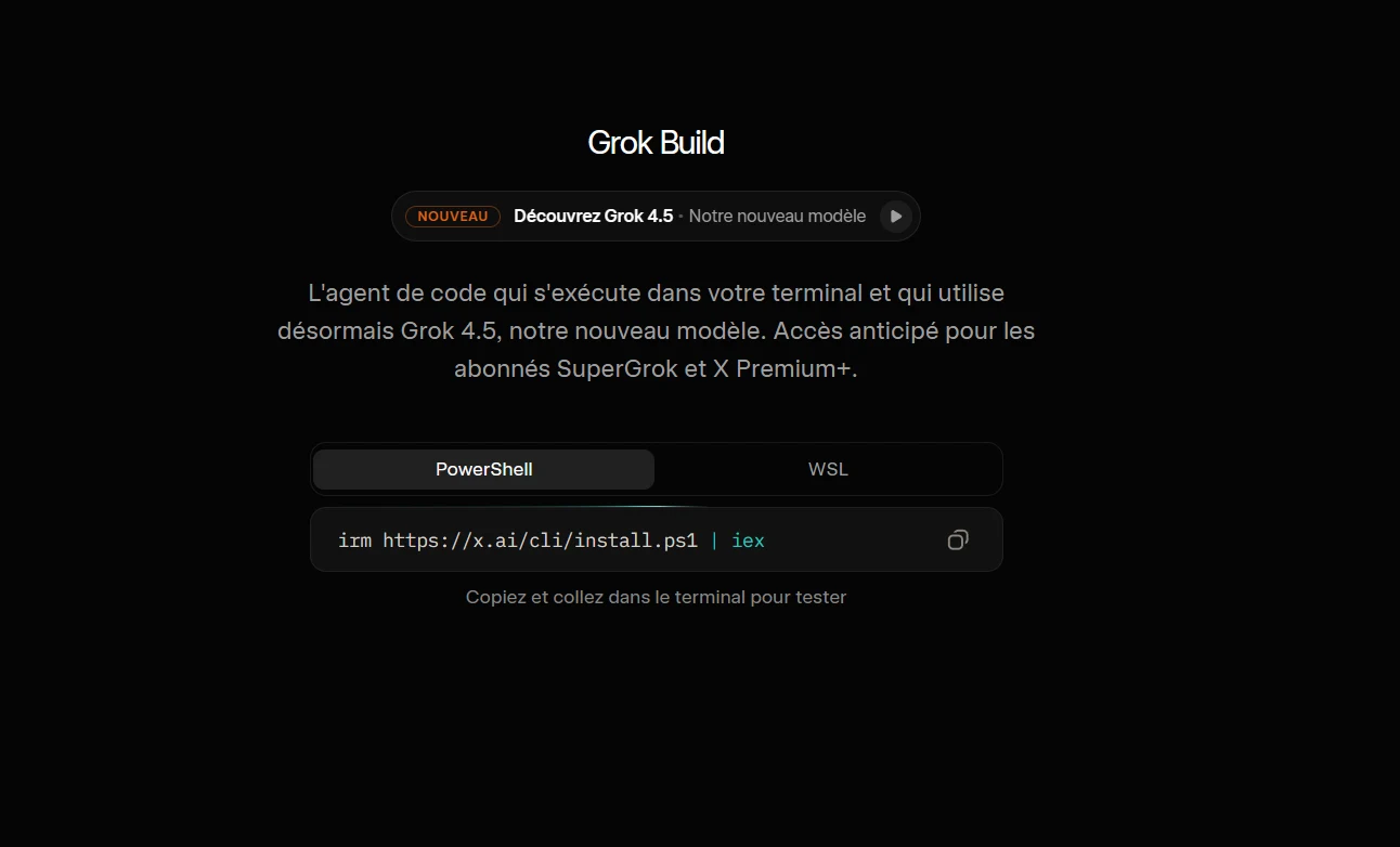 Page Grok Build avec la commande PowerShell d'installation du CLI xAI