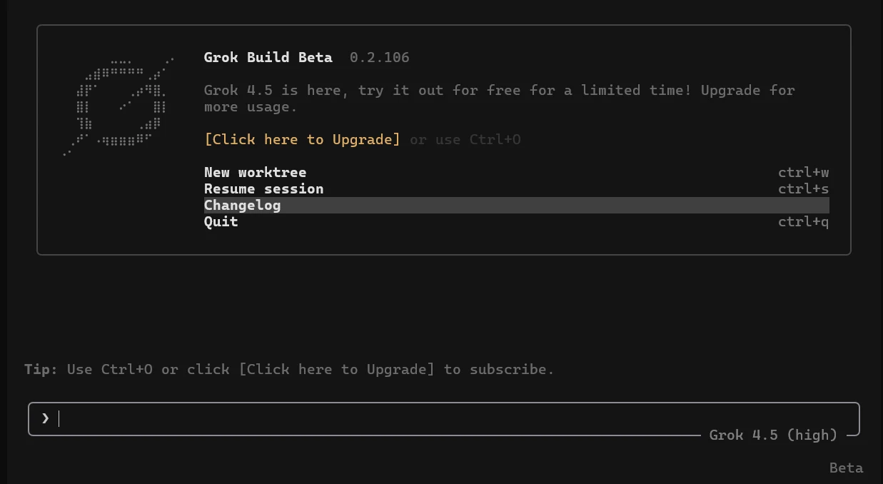 Interface terminal Grok Build Beta indiquant que Grok 4.5 est gratuit pour une durée limitée