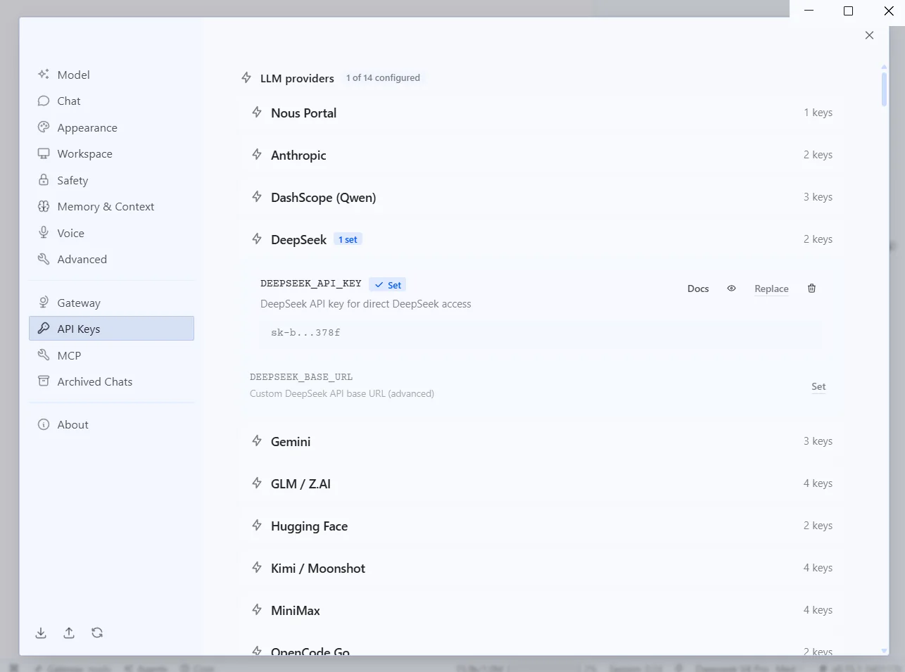 Configuration des clés API dans Hermes Desktop avec DeepSeek sélectionné