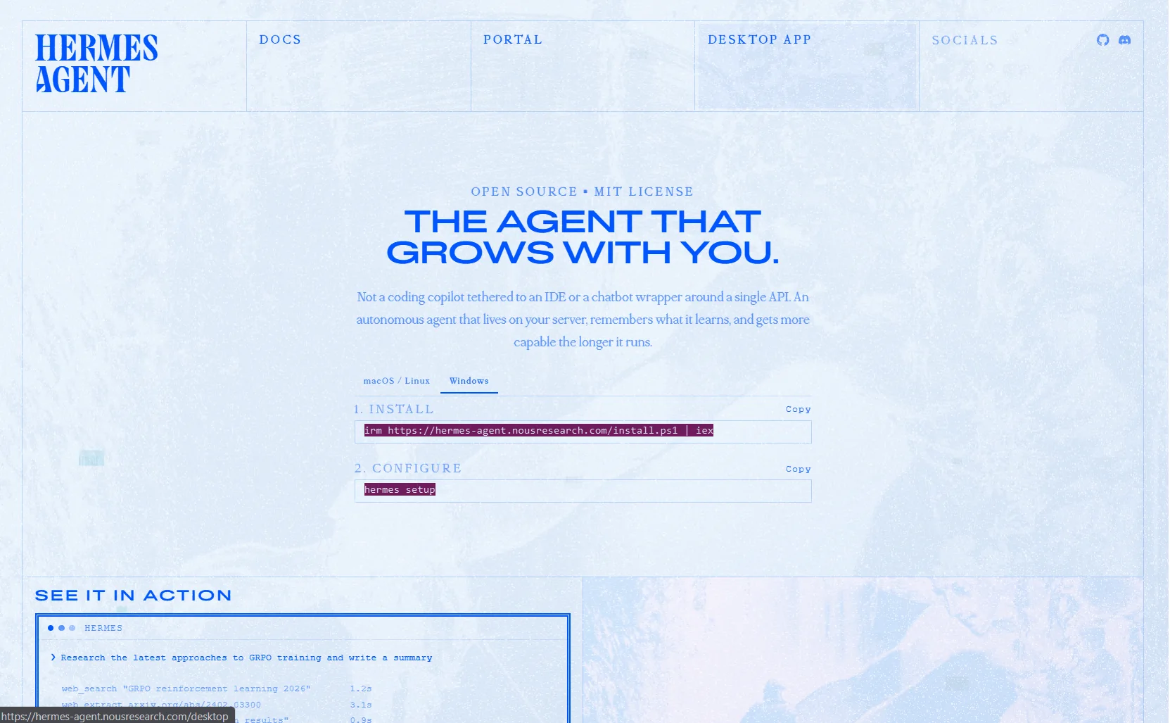 Page officielle Hermes Agent avec l'onglet Windows et les commandes d'installation