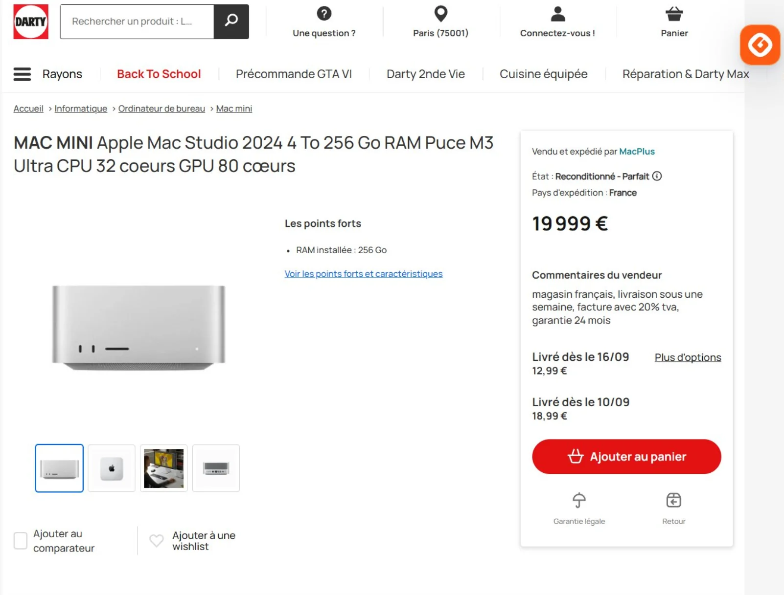 Annonce Darty Marketplace pour un Mac Studio M3 Ultra reconditionné avec 256 Go et 4 To à 19 999 euros