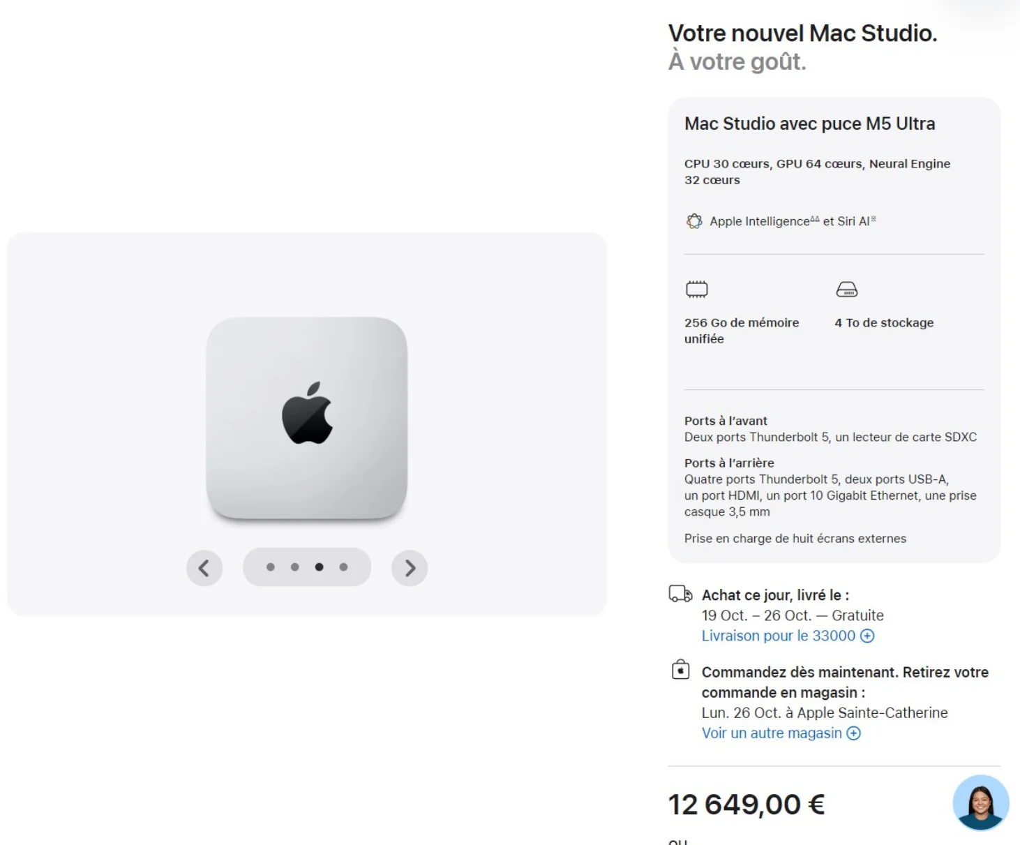 Configuration Apple Mac Studio M5 Ultra avec 256 Go de mémoire unifiée, 4 To de stockage et prix de 12 649 euros