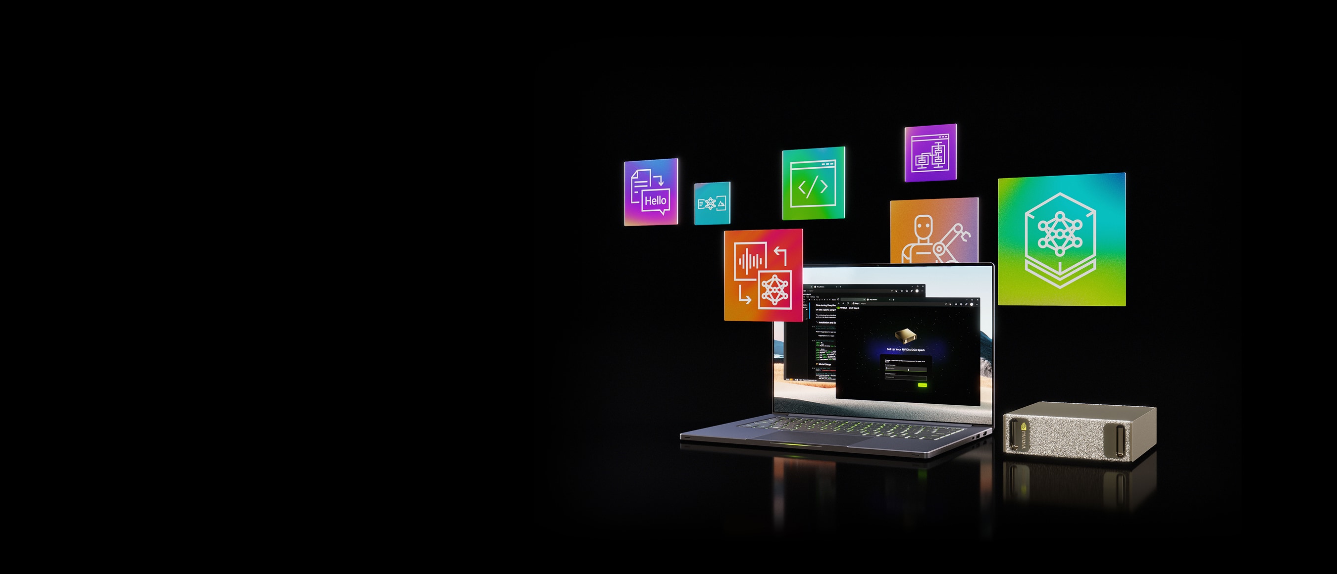 NVIDIA DGX Spark officiel installé à côté d’un ordinateur portable pour exécuter des agents IA en local