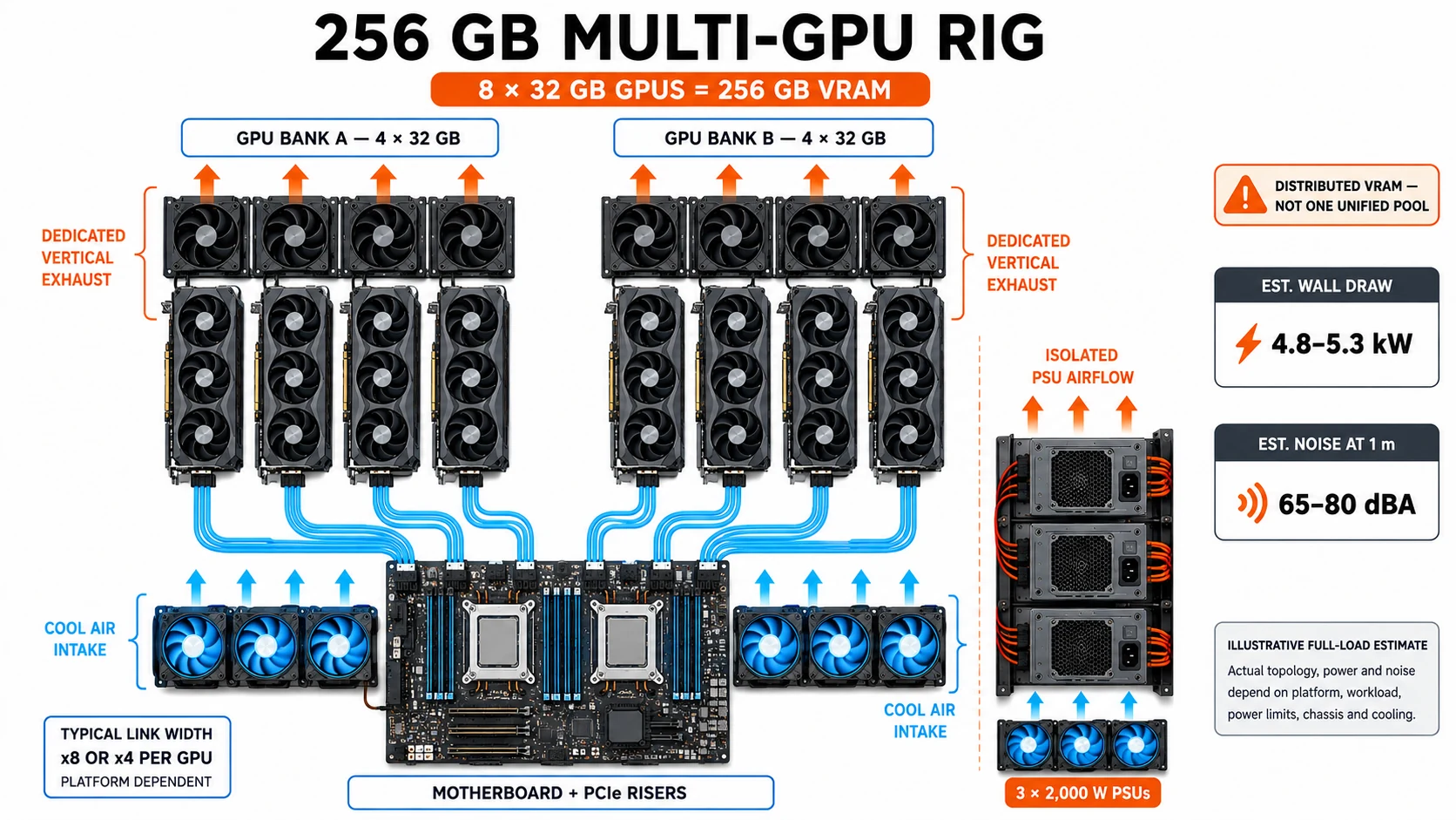 Schéma en anglais d’un rig IA de huit GPU de 32 Go répartis en deux bancs refroidis séparément, avec liaisons PCIe x8 ou x4, trois alimentations, consommation et bruit estimés