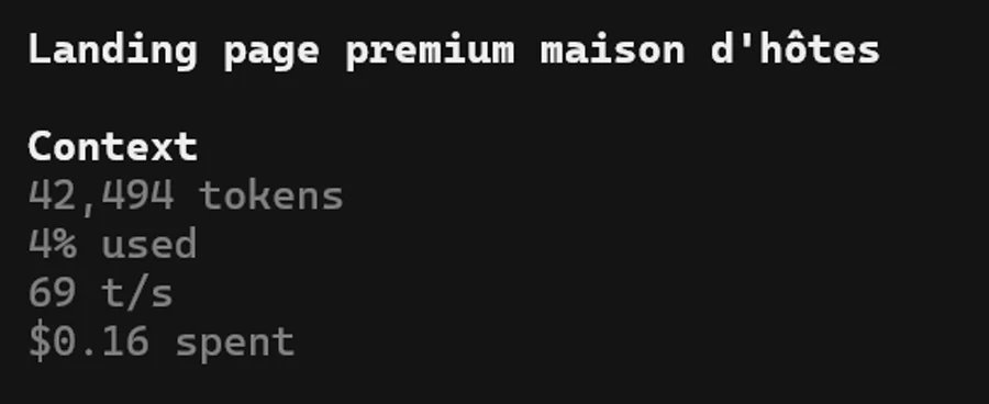 MiMo Code showing 42,494 context tokens and a 0.16 dollar cost for the landing page test