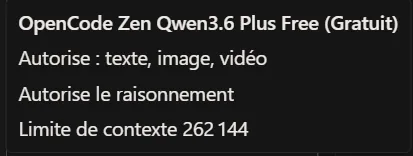 Capture du modèle Qwen 3.6 Plus sélectionnable dans OpenCode