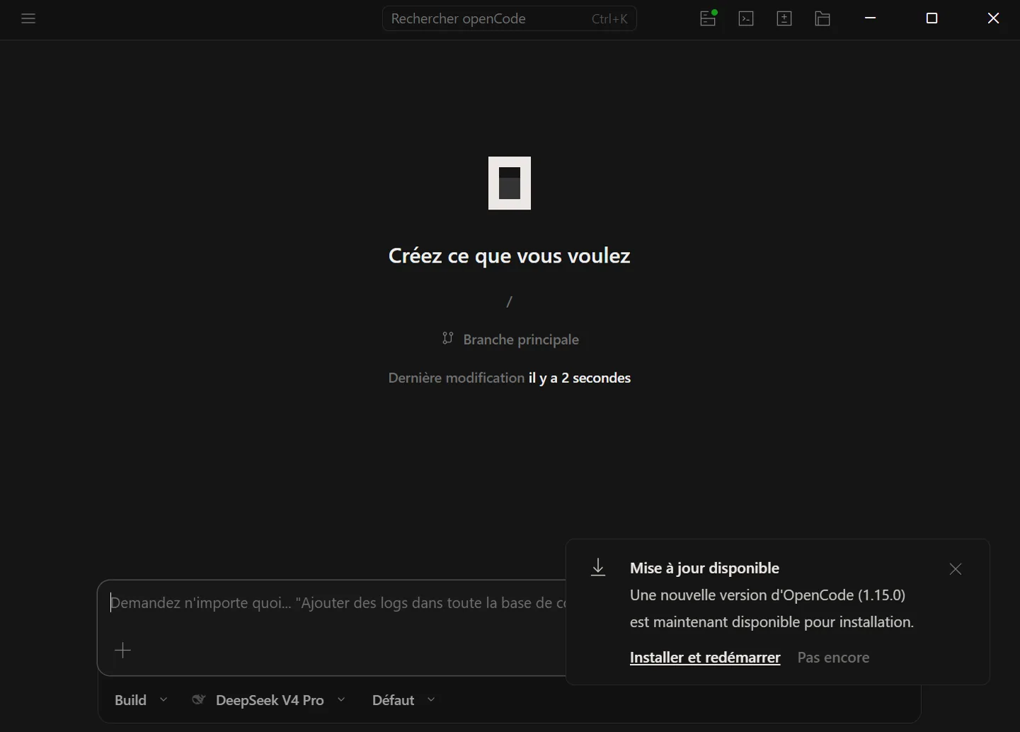 Capture montrant la version OpenCode Desktop à installer