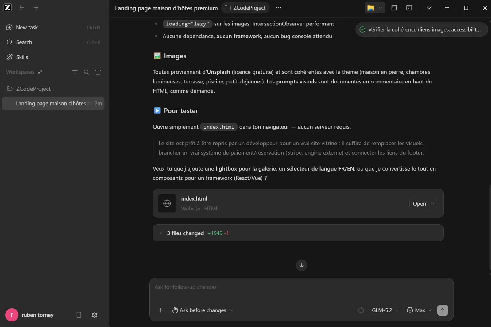 Prompt Antigravity exécuté dans ZCode avec GLM-5.2 sur Windows