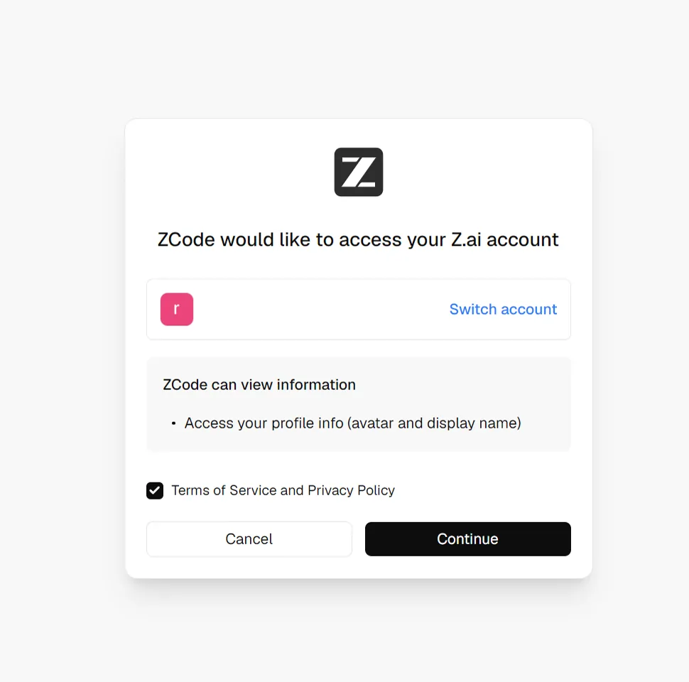 Fenêtre d'autorisation Z.ai demandant de lier ZCode au compte utilisateur