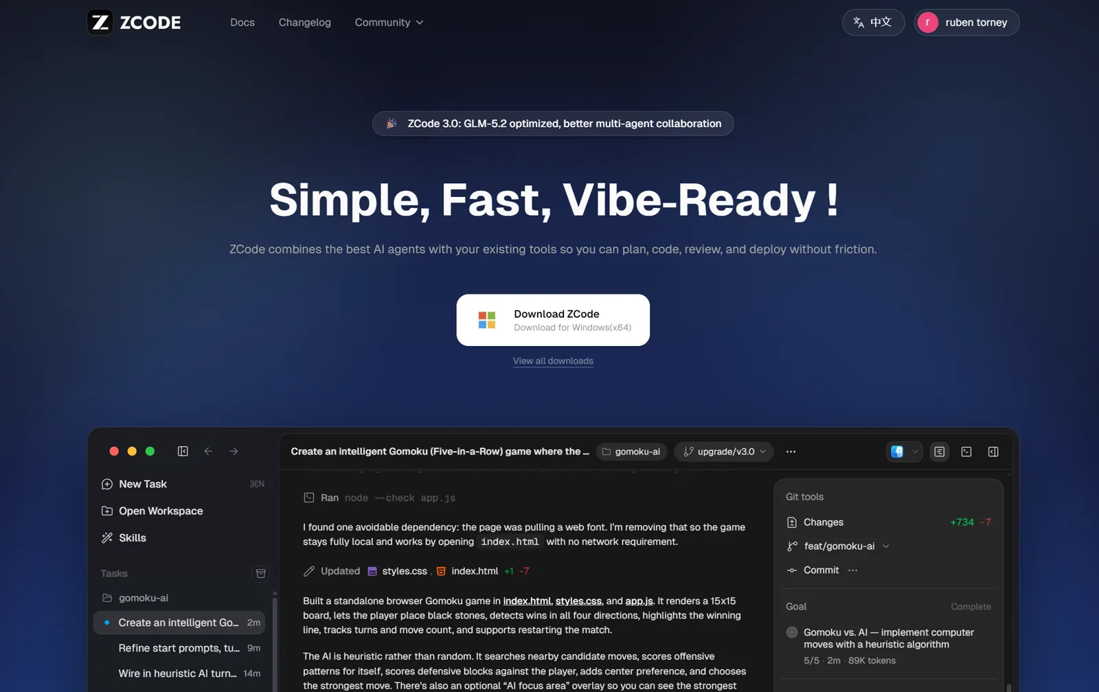 Page officielle ZCode avec bouton de téléchargement et aperçu de l'application