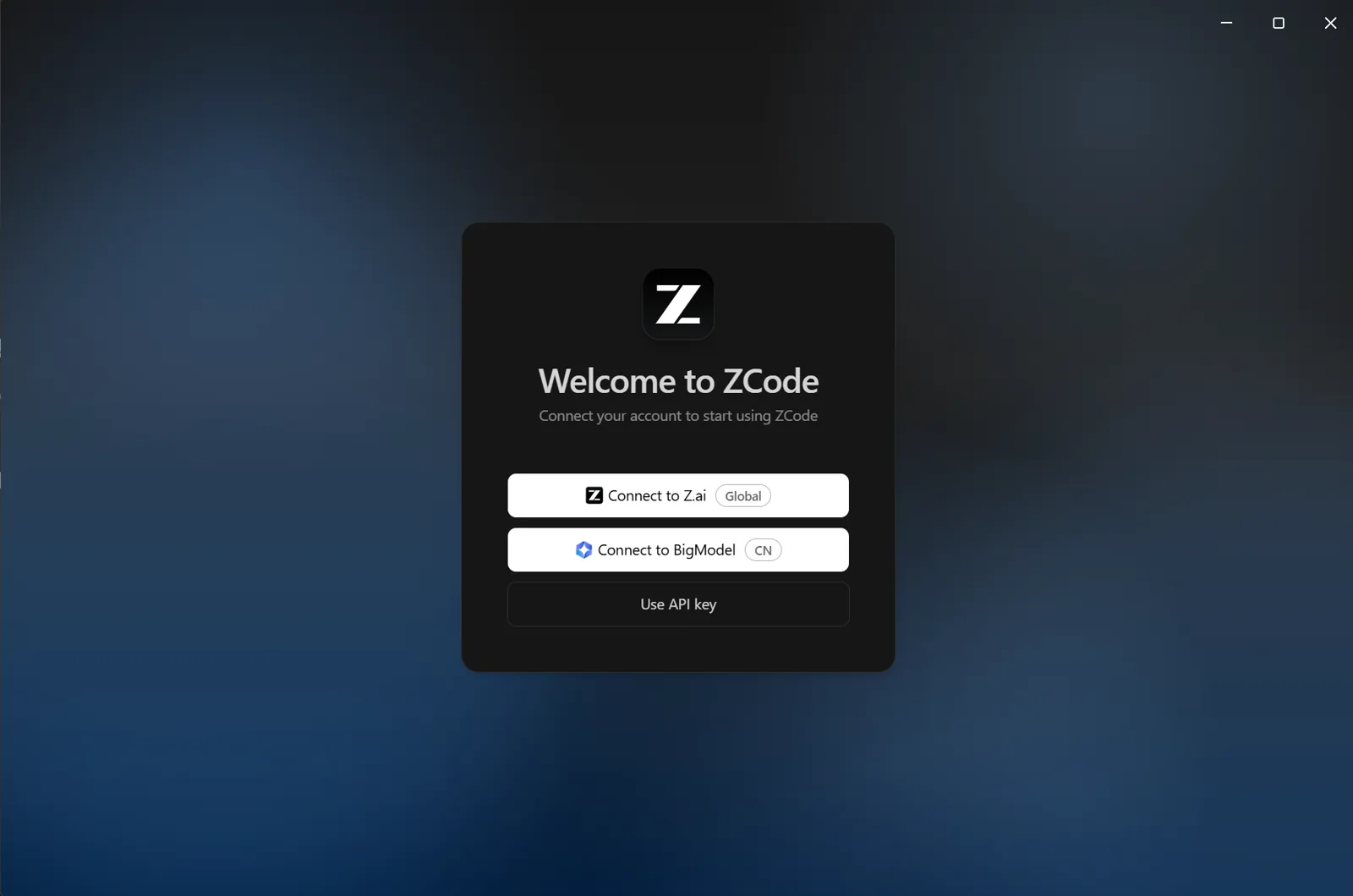 Fenêtre Welcome to ZCode avec le bouton de connexion au compte Z.ai