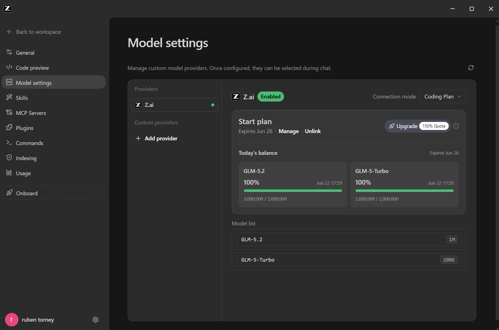 Paramètres de modèle ZCode affichant GLM-5.2 avec un quota journalier complet
