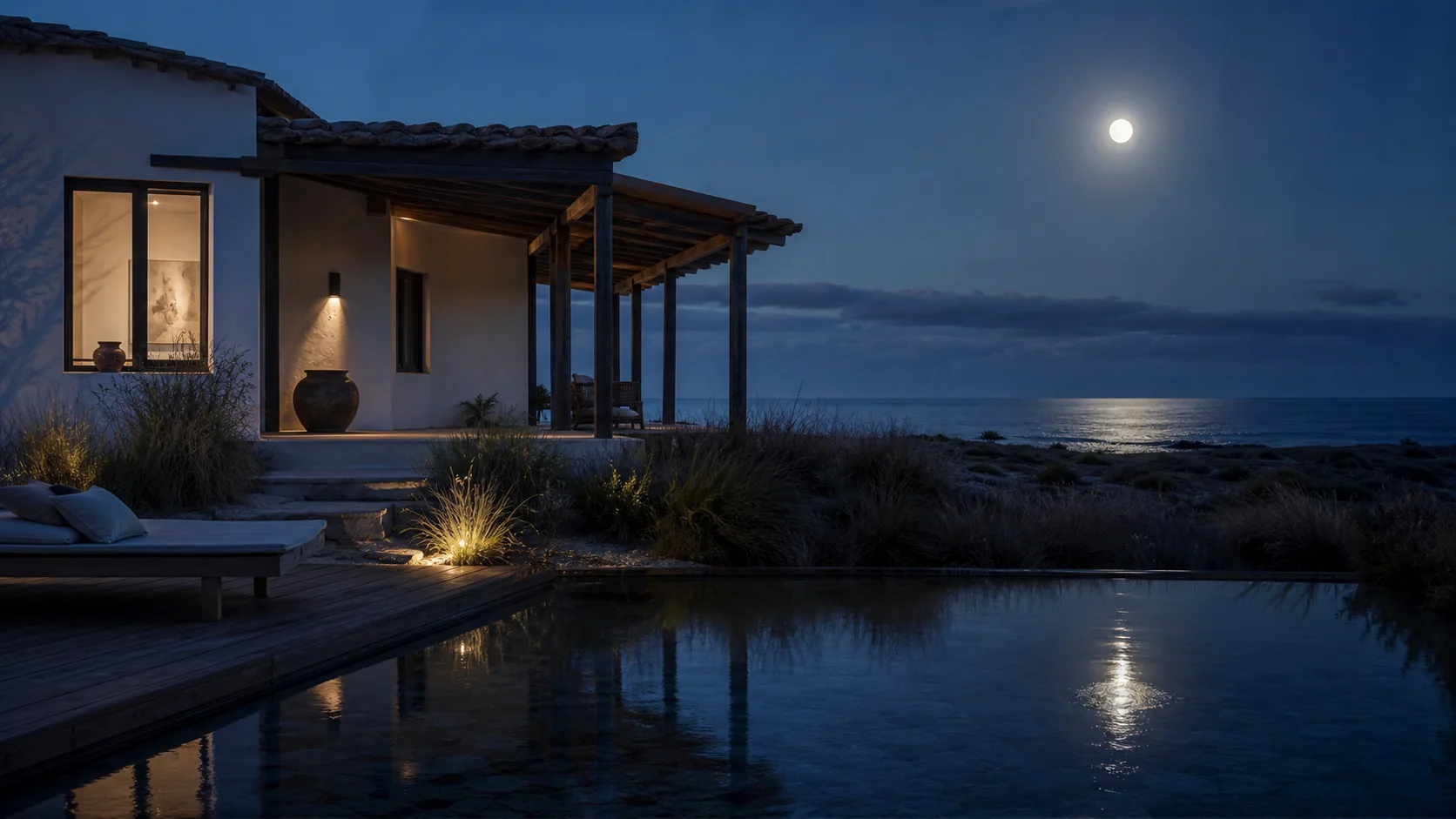 Maison blanche au bord de l'Atlantique sous la lune