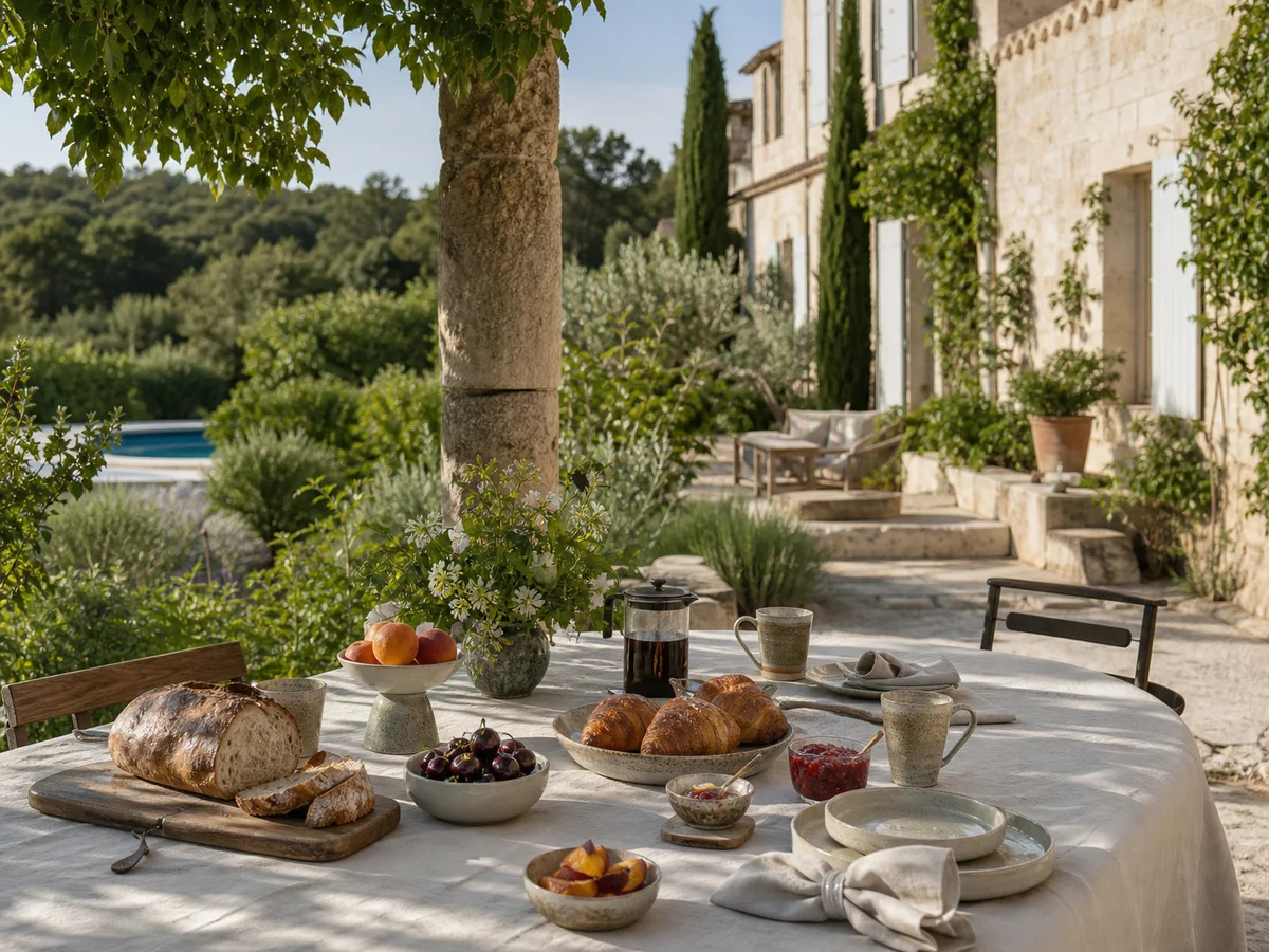 Petit-déjeuner artisanal servi sur la terrasse de la maison