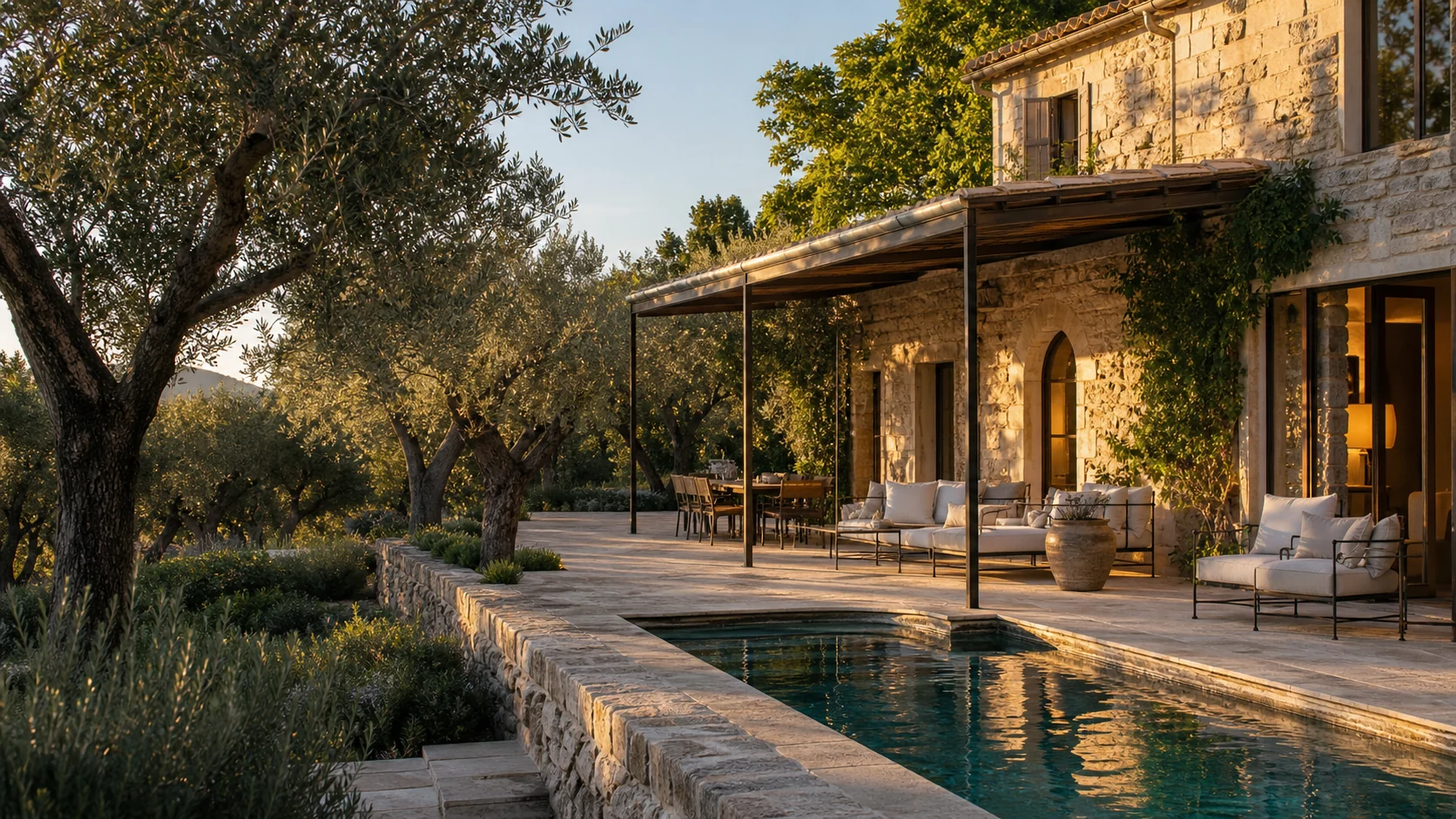 Terrasse en pierre donnant sur la piscine