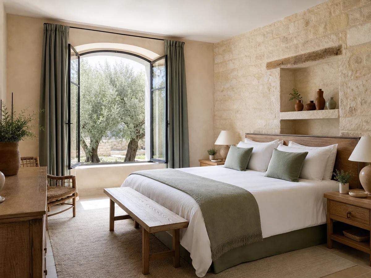 Chambre Jardin avec murs en pierre et linge vert sauge