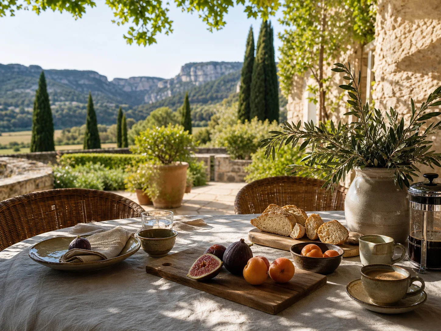 Petit-dejeuner artisanal sur la terrasse du domaine