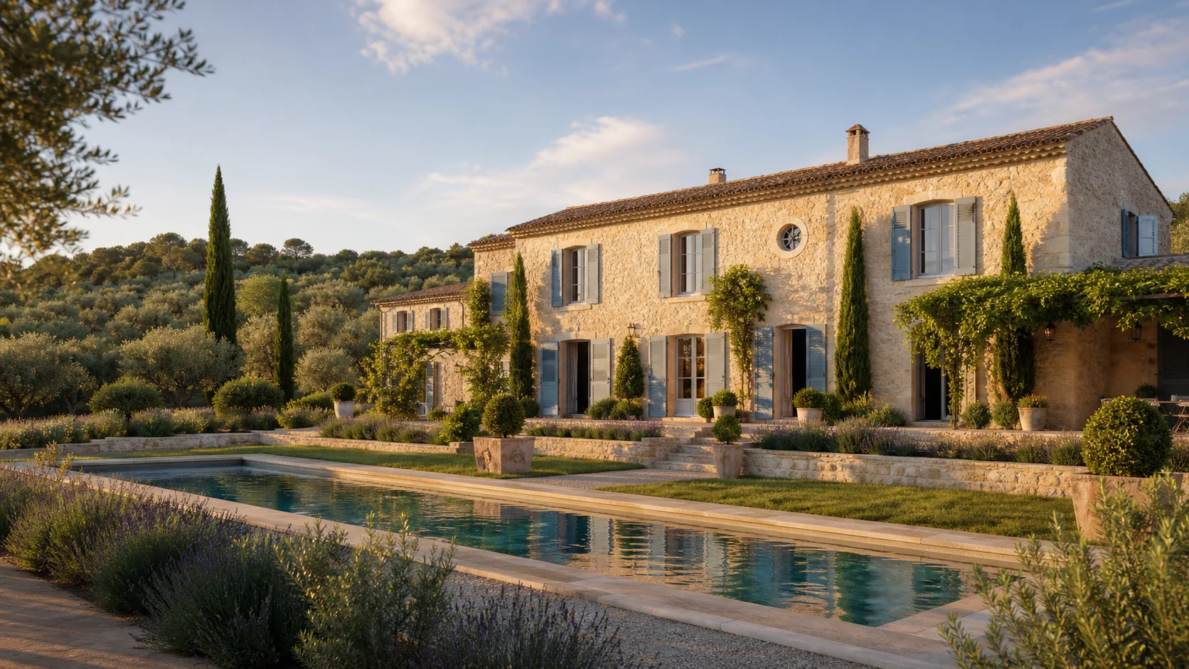 Bastide provencale en pierre, piscine et oliviers au soleil couchant