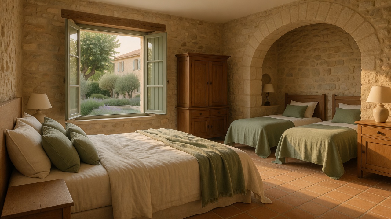 Chambre Familiale : grand lit et alcôve, murs en pierre et tomettes