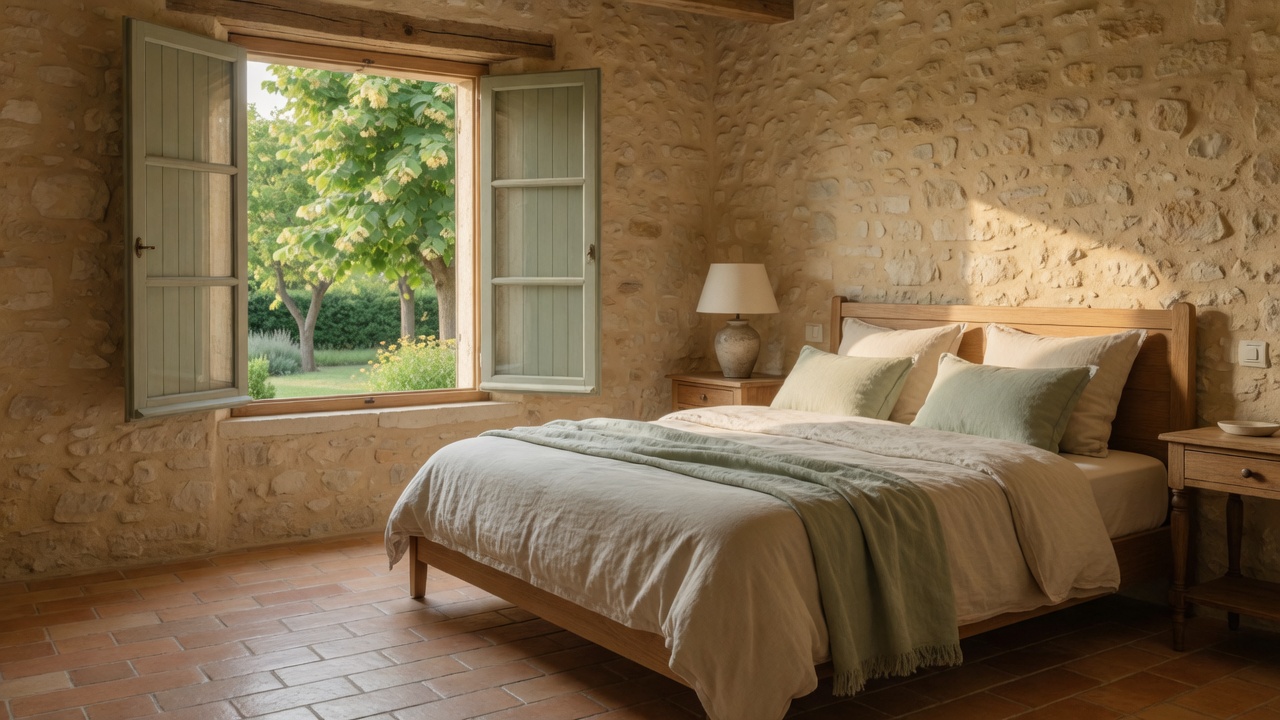 Chambre Jardin : lit en chêne, linge de lin et fenêtre ouverte sur les tilleuls