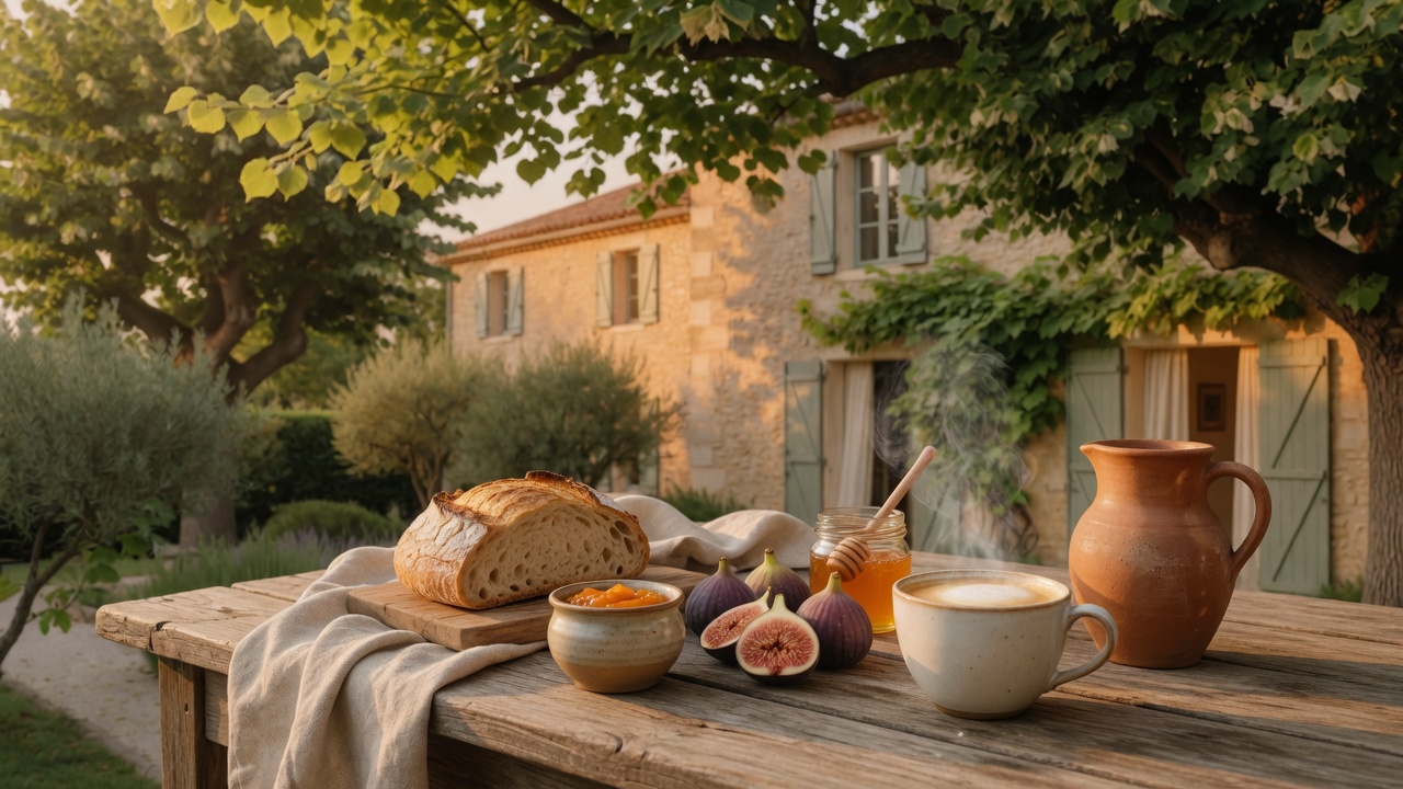 Petit-déjeuner artisanal sous un tilleul : pain, miel, figues et café