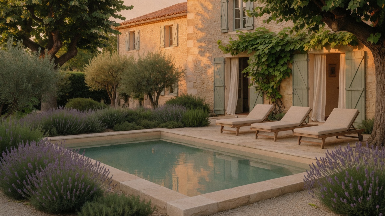 Bassin du jardin, pierre claire et lavandes