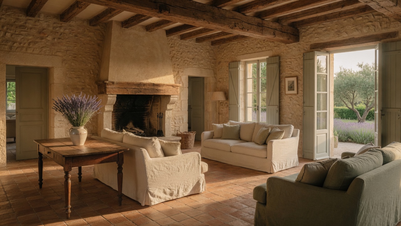Salon de la maison, murs en pierre blonde, canapés de lin et portes-fenêtres ouvertes sur le jardin