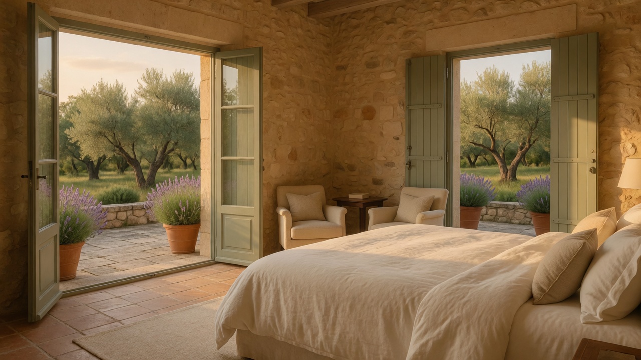 Suite Terrasse : grand lit de lin et portes-fenêtres ouvertes sur une terrasse en pierre