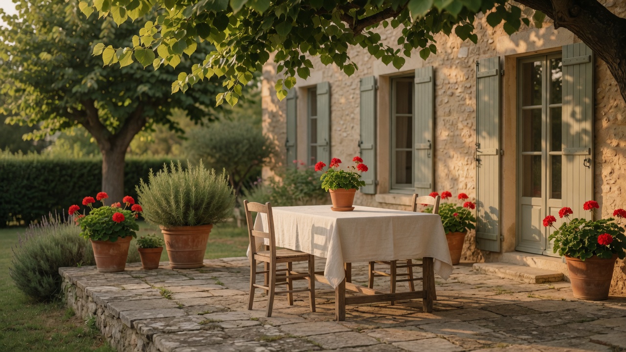 Terrasse en pierre au soleil, table de lin et pots de géraniums